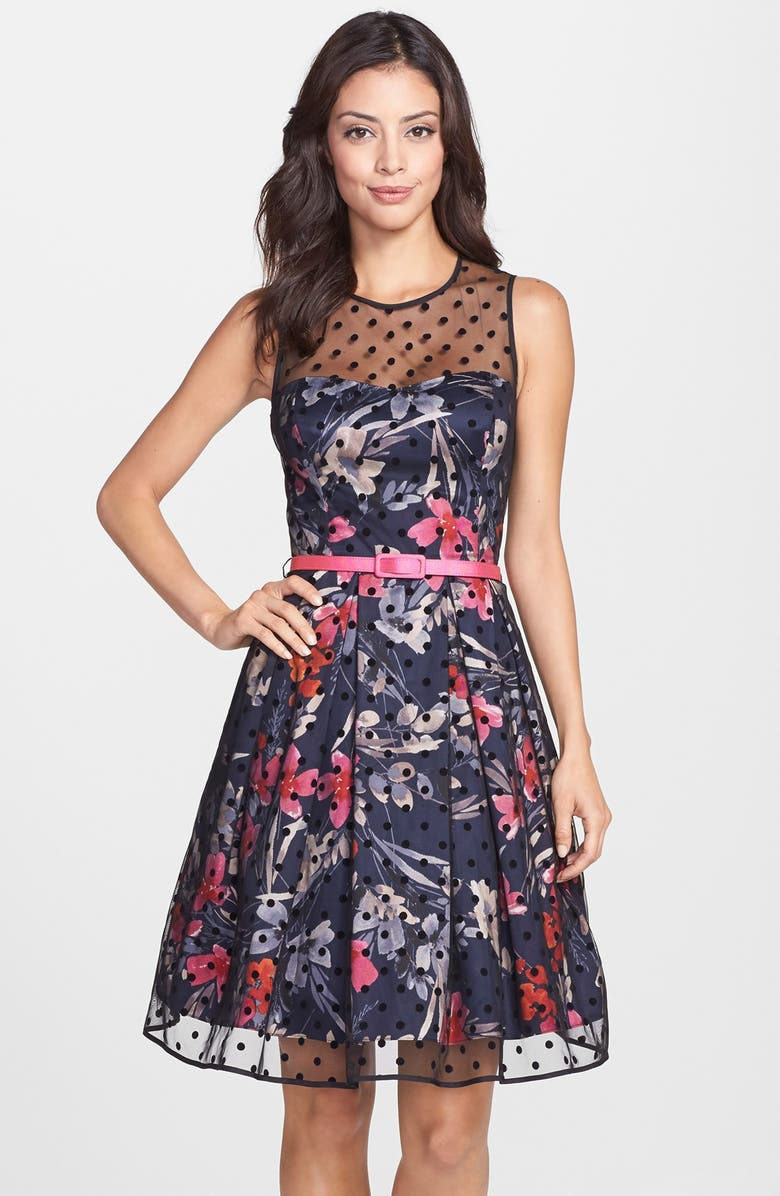 Eliza J Illusion Yoke Mesh & Faille Fit & Flare Dress, Main, color,