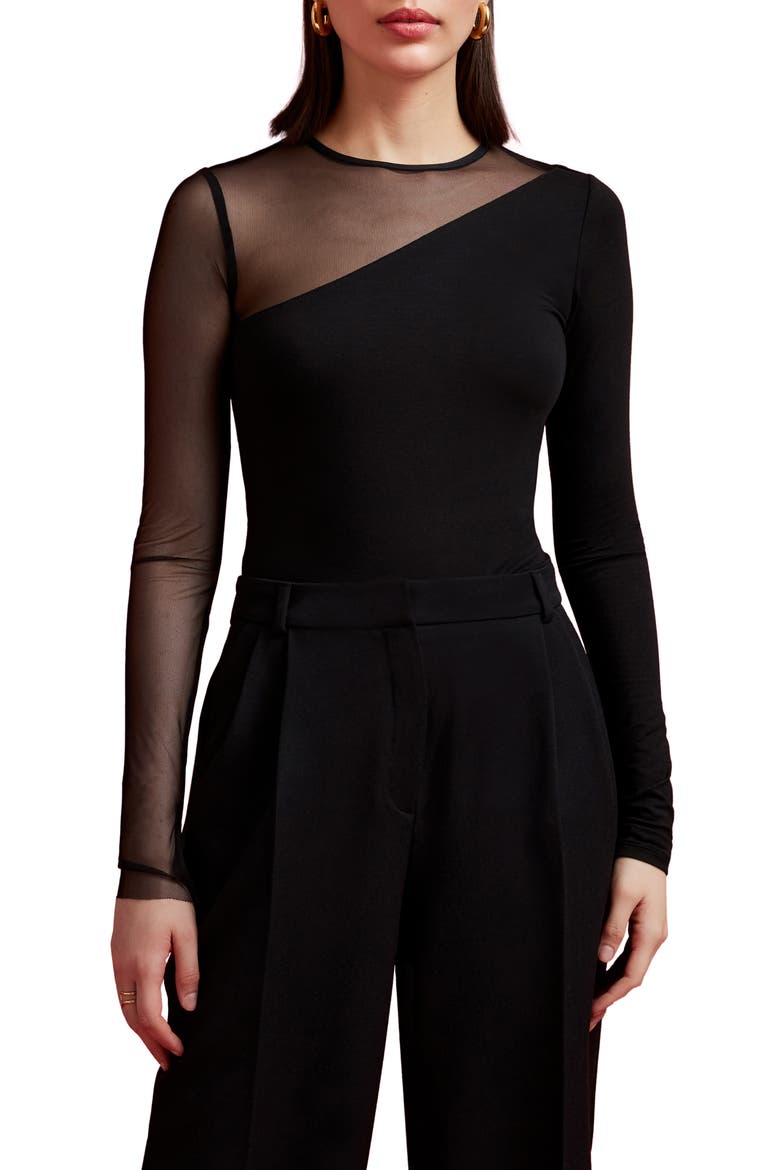 Milo Long Sleeve Mesh & Jersey Top, Main, color, BLACK