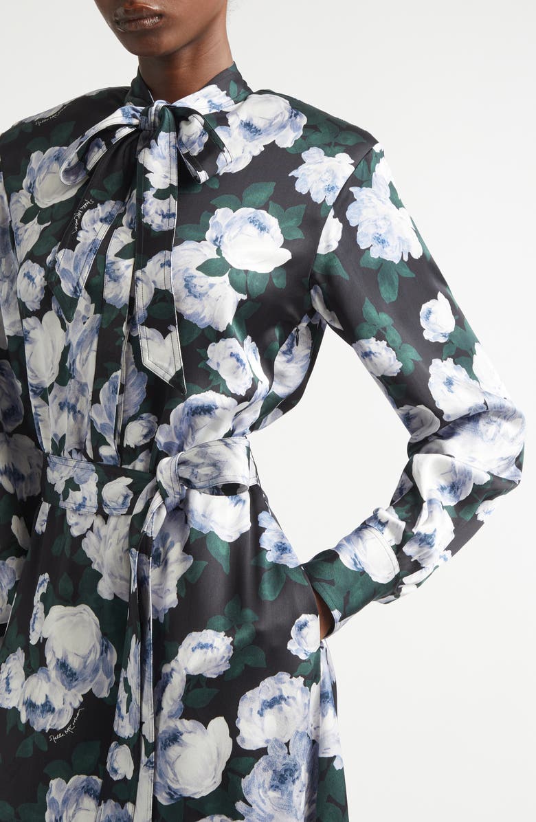 Stella McCartney Bunch of Roses Long Sleeve Tie Neck Dress, Alternate, color, Black Multi