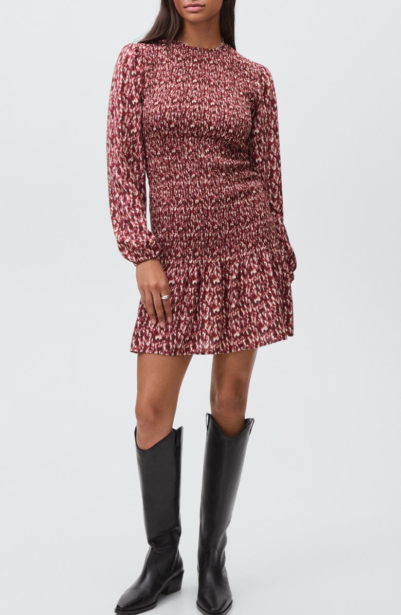 MANGO TEEN Smocked Long Sleeve Dress, Main, color, Maroon