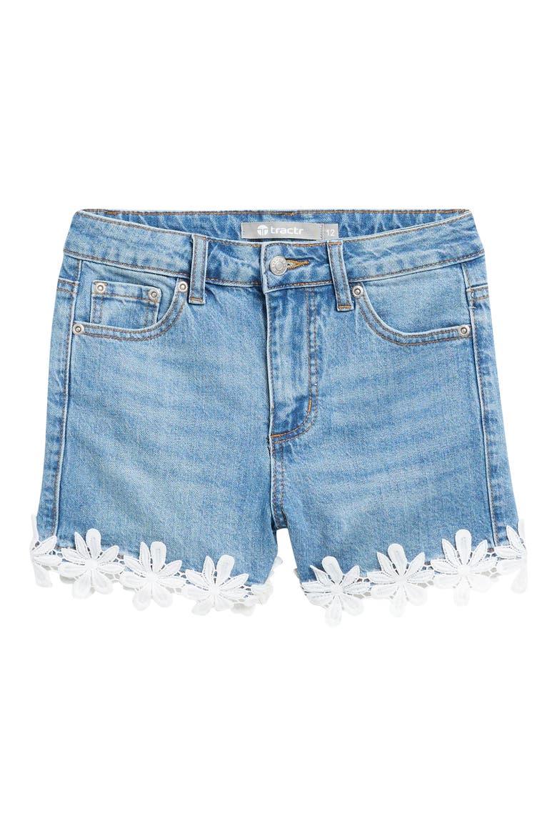 Kids' Floral Lace Hem Denim Shorts, Main, color, INDIGO