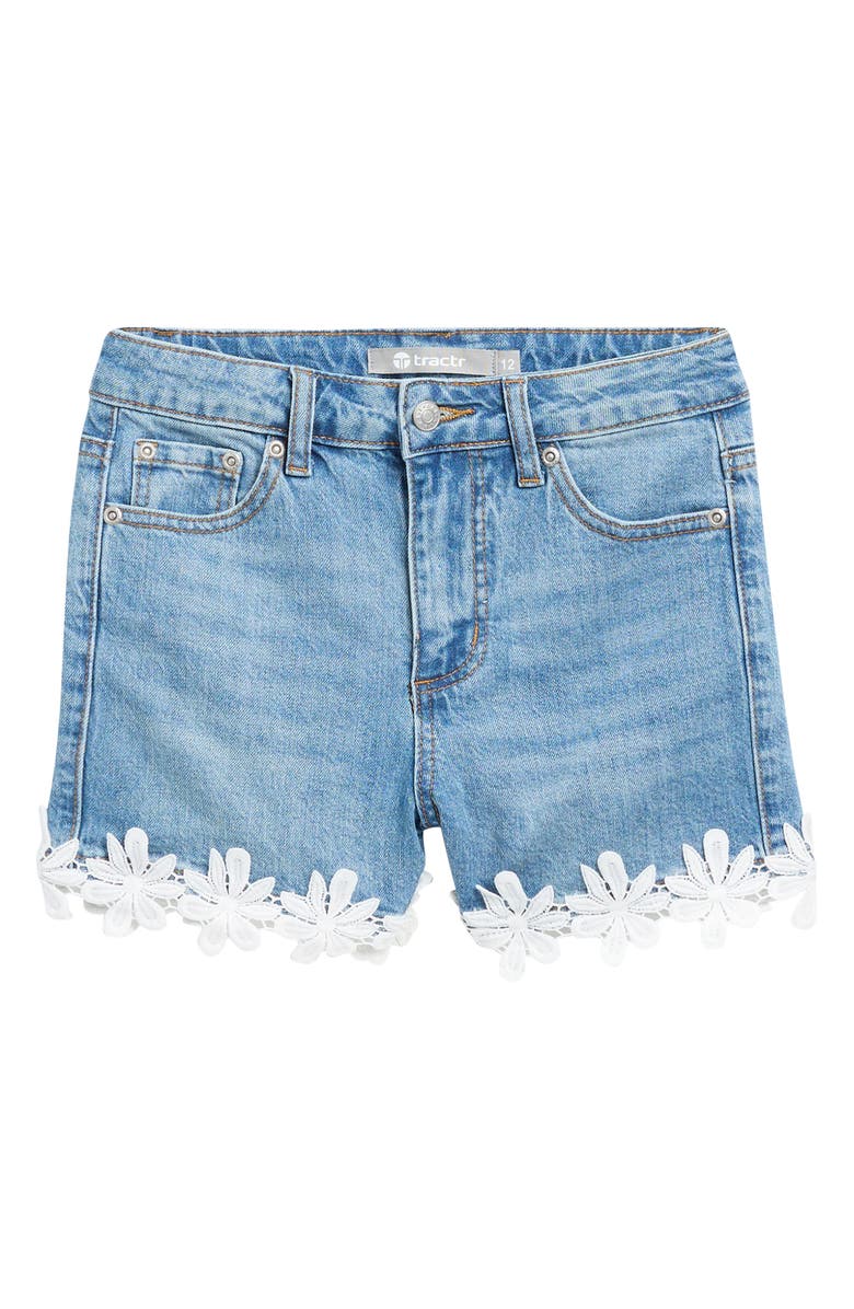 Tractr Kids' Floral Lace Hem Denim Shorts, Main, color, Indigo
