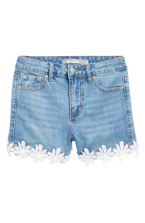 Kids' Floral Lace Hem Denim Shorts (Indigo) (Big Kid)