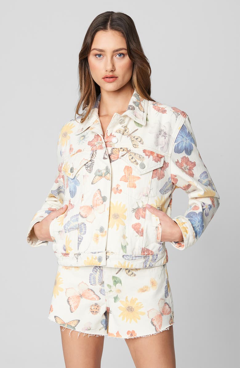 BLANKNYC Botanical Print Denim Trucker Jacket, Alternate, color, 