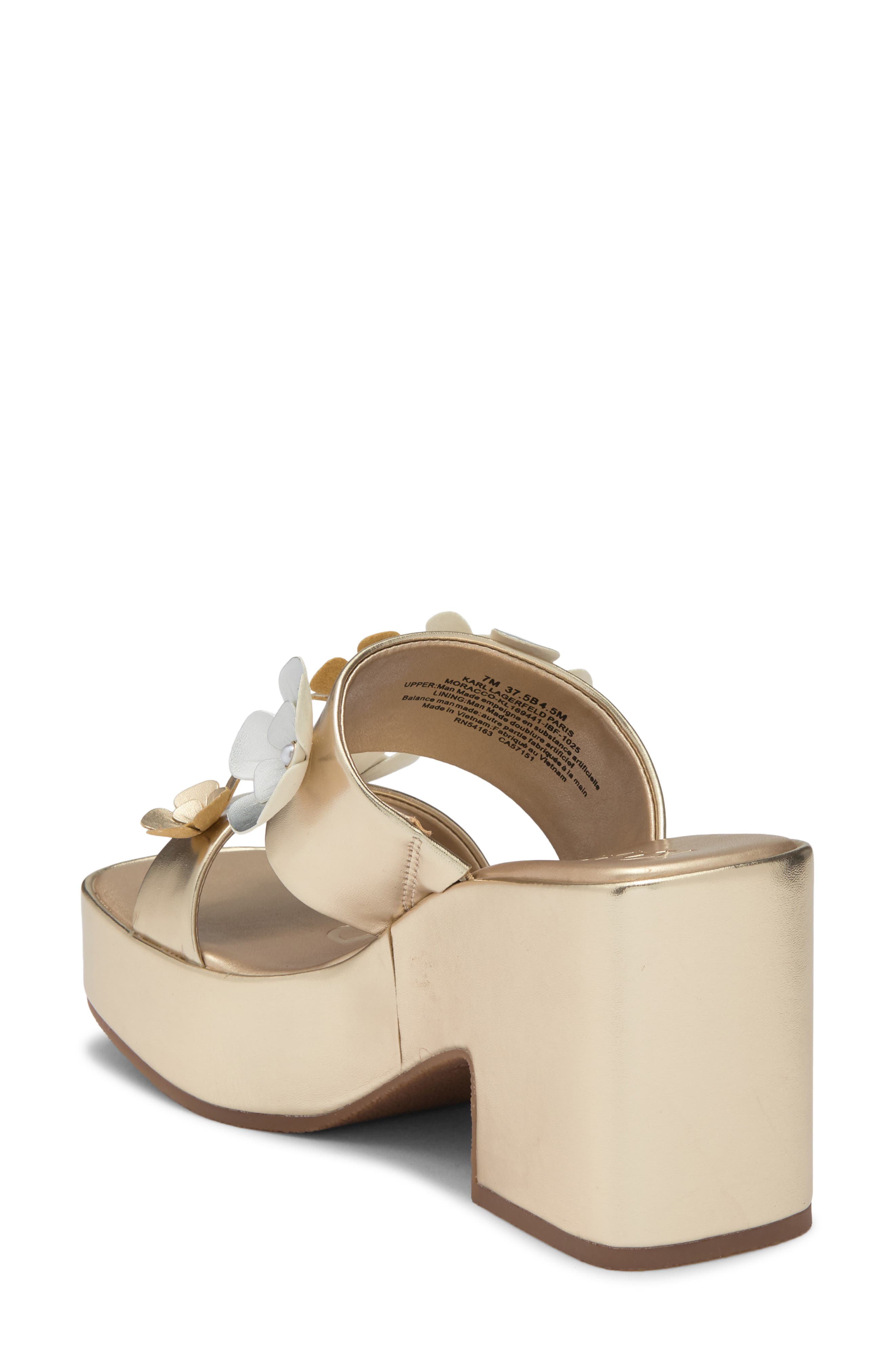 KARL LAGERFELD PARIS Moracco Flower Platform Slide Sandal, Alternate, color, White Gold