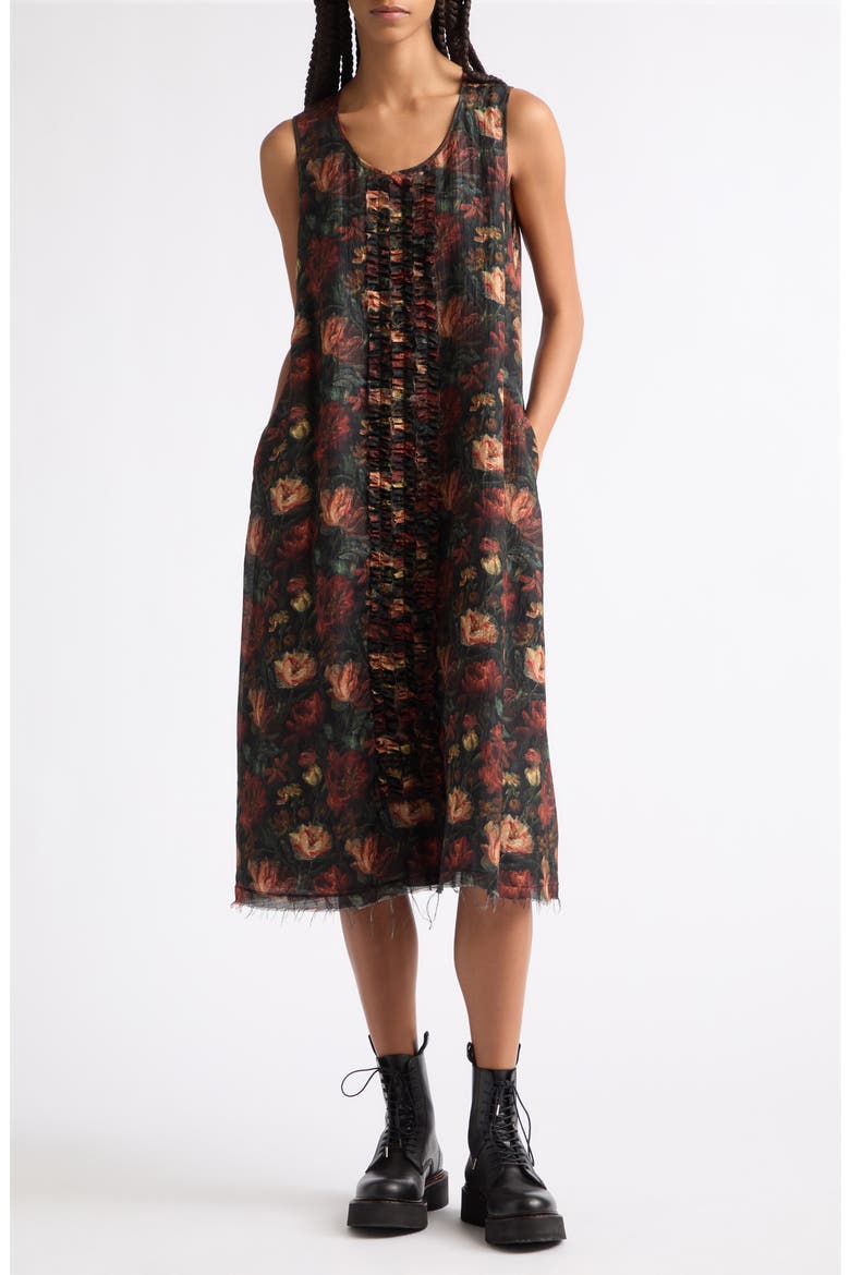 Sleeveless Midi Dress with Ruffles, Main, color, RED BLACK LARGE FLORAL