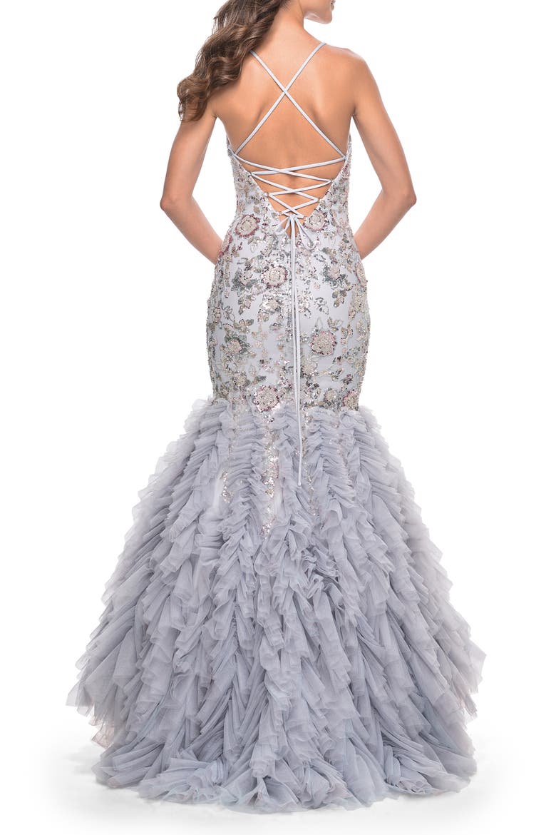 Mermaid Beaded Floral Gown with Ruffle Detailed Skirt, Alternate, color, Silver