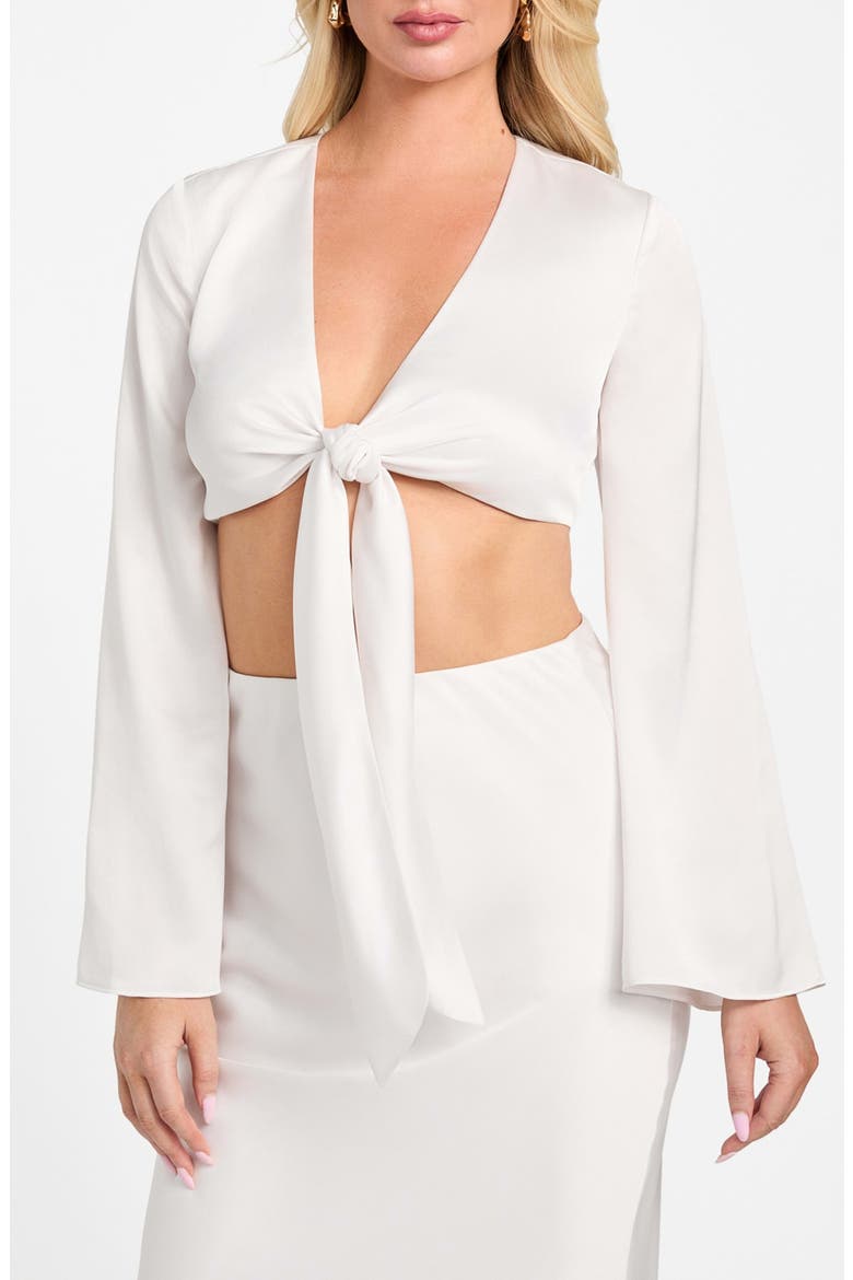 Monica Tie Front Satin Crop Top, Main, color, WHITE PEAKS