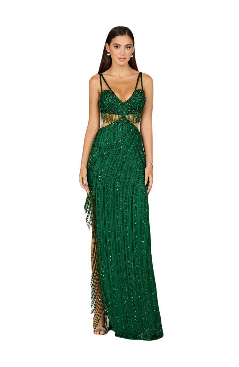 LARA New York Cutout Beaded Gown with Fringes, Main, color, Emerald