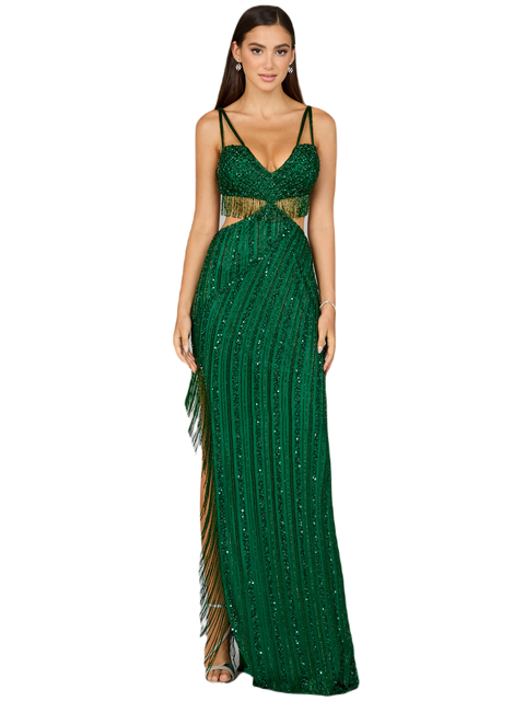 Cutout Beaded Gown with Fringes