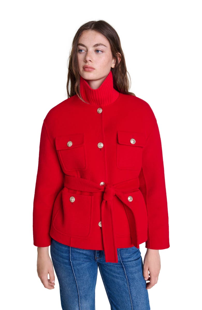 maje Belted double-faced jacket, Main, color, 
