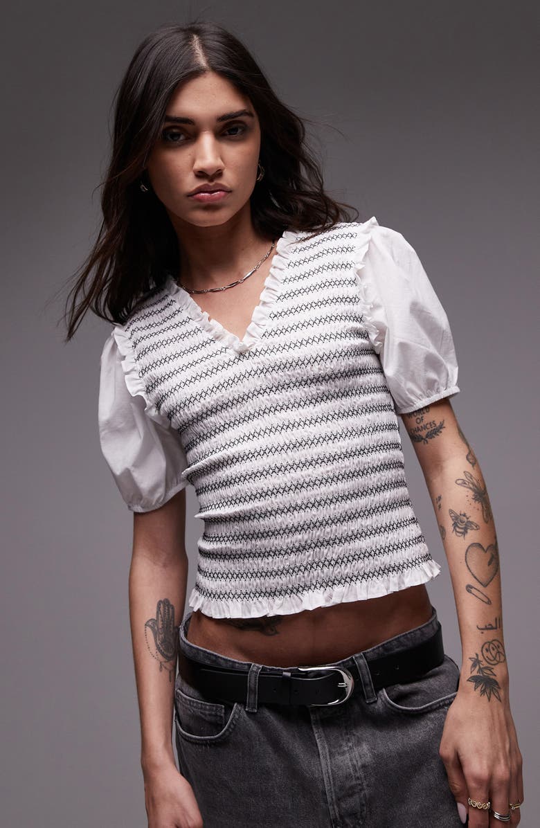 Topshop V-Neck Puff Sleeve Shirred Top, Main, color, White Multi