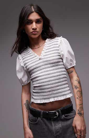 Topshop V-Neck Puff Sleeve Shirred Top