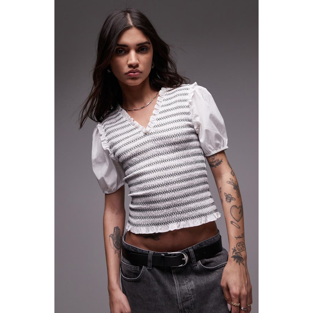 TOPSHOP TOPSHOP V-NECK PUFF SLEEVE SHIRRED TOP