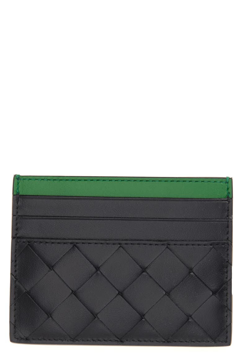 Intrecciato Leather Card Holder, Main, color, 1278 BLACK/ SHAMROCK