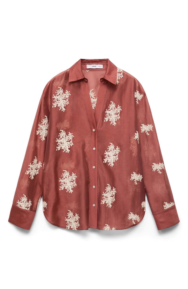 MANGO Embroidered Semisheer Button-Up Shirt, Alternate, color, Russet