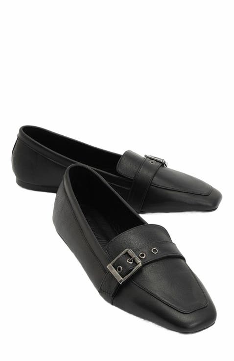 Noir Leather Flat Loafers (Women)