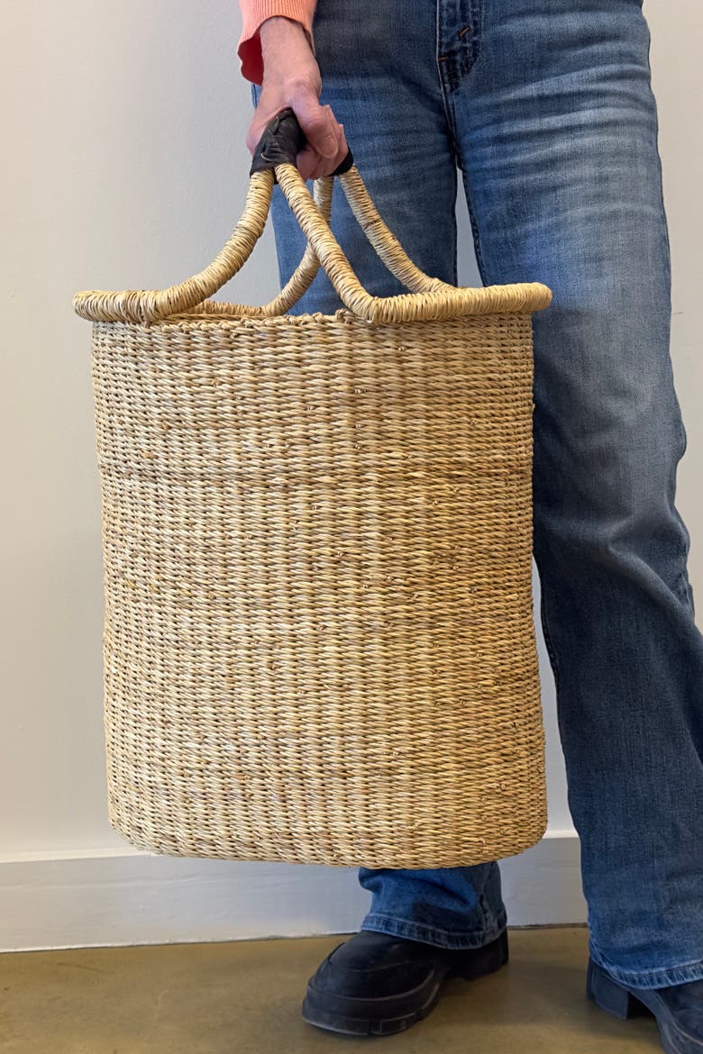 Handwoven Double Weave Pot Basket with Black Leather Handle, Alternate, color, Natural