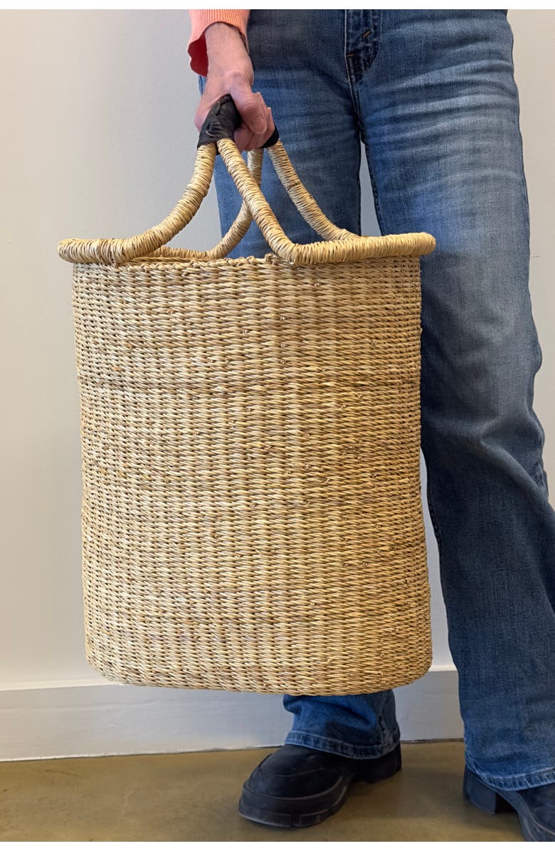 Mbare Handwoven Double Weave Pot Basket with Black Leather Handle, Alternate, color, Natural
