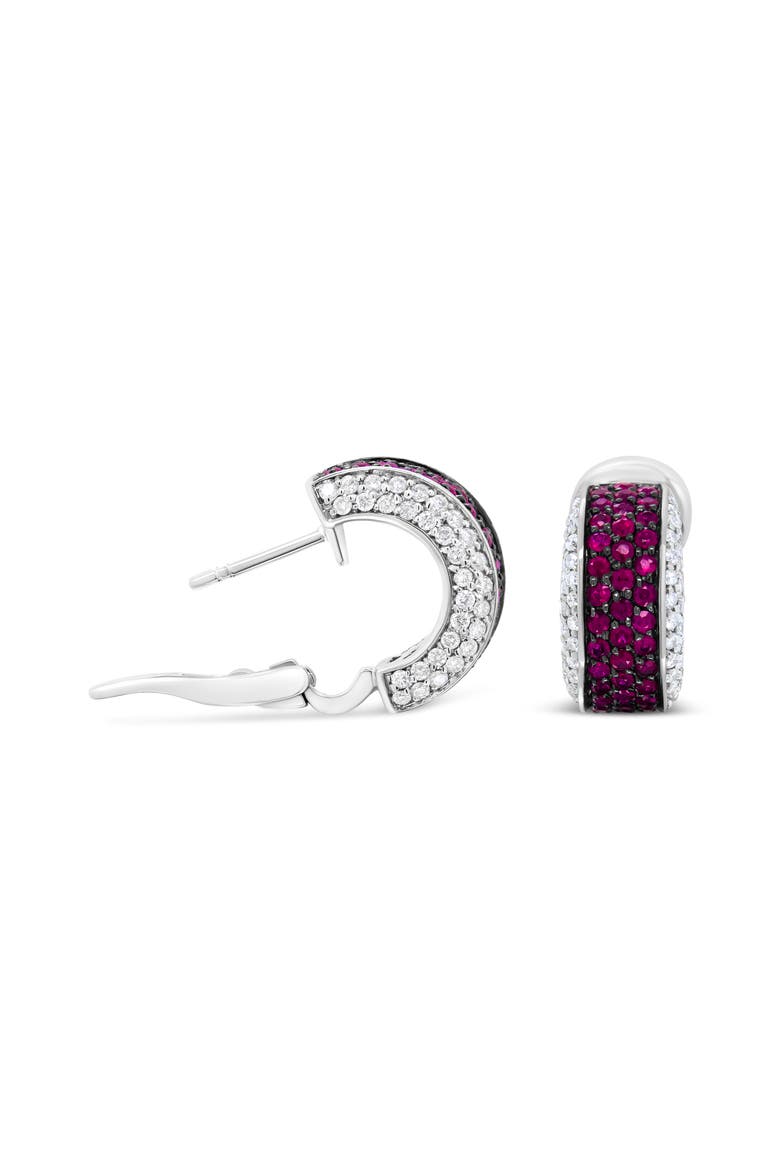 18K Gold & Black Rhodium Plated 3/4 Ctw Diamonds & Red Ruby Huggie Hoop Earrings, Alternate, color, White