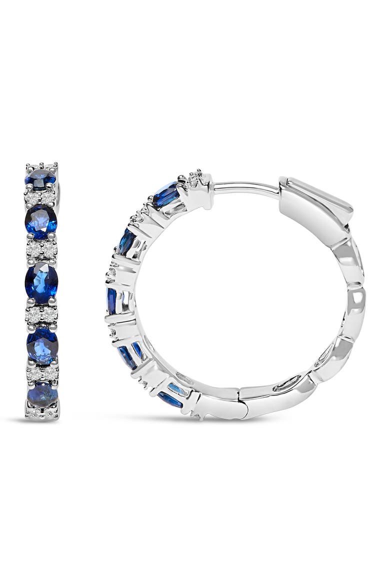 14K White Gold Oval Blue Sapphire & 1/4 Cttw Diamond Alternating Hoop Earring, Alternate, color, White
