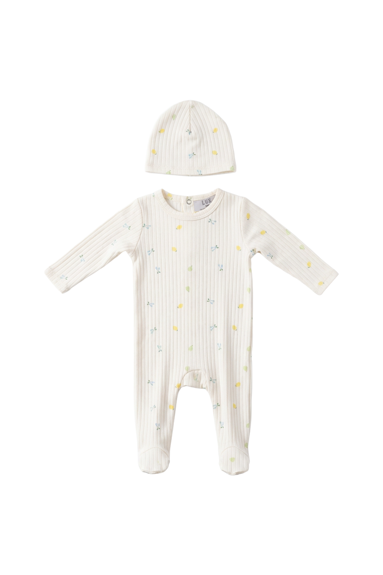 Fruit Pointelle Snap Back Long Sleeve Romper and Bonnet Set, Main, color, Off White/Blue