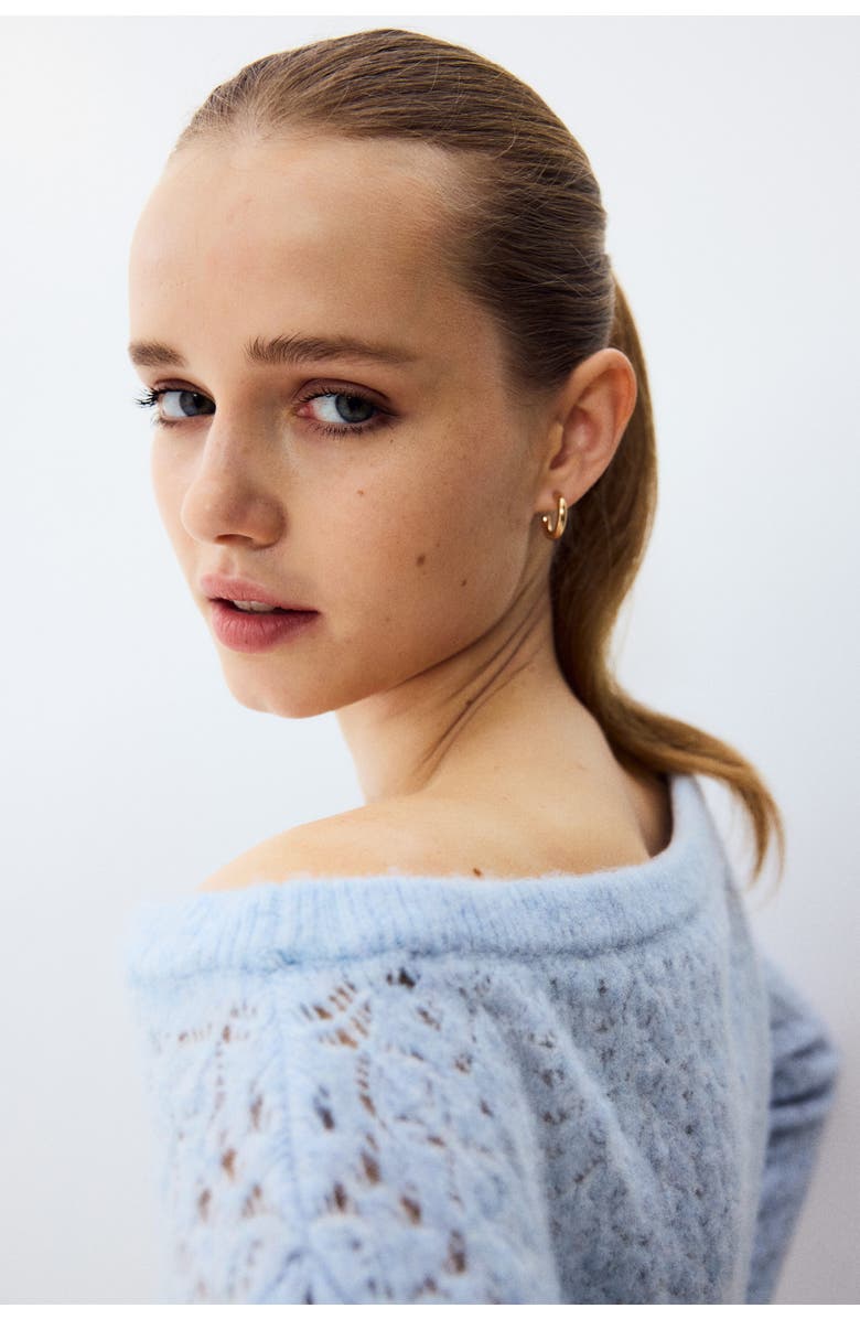 H&M Pointelle-knit off-the-shoulder sweater, Alternate, color, Light Blue