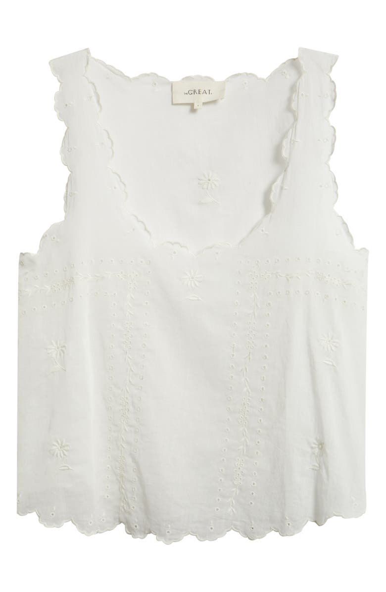THE GREAT. The Eyelet Embroidered Scallop Trim Cotton Tank, Alternate, color, White