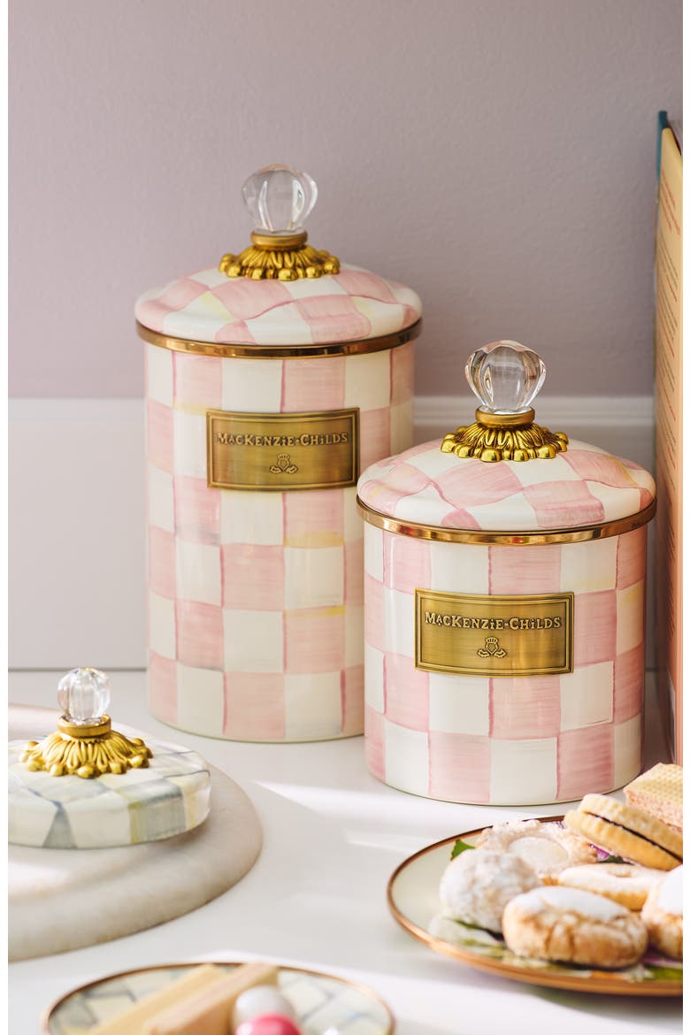 Rosy Check Enameled Steel Small Canister, Alternate, color, PINK/ WHITE