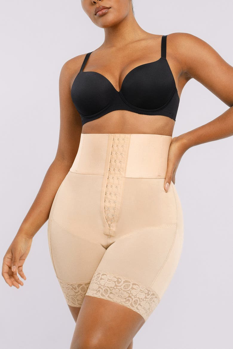 Tummy Control Boned Sculpt High Waist Shorts, Alternate, color, Beige