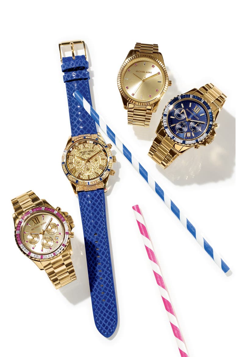 Michael Kors 'Everest' Baguette Crystal Bezel Bracelet Watch, 41mm, Alternate, color, GOLD/ PINK