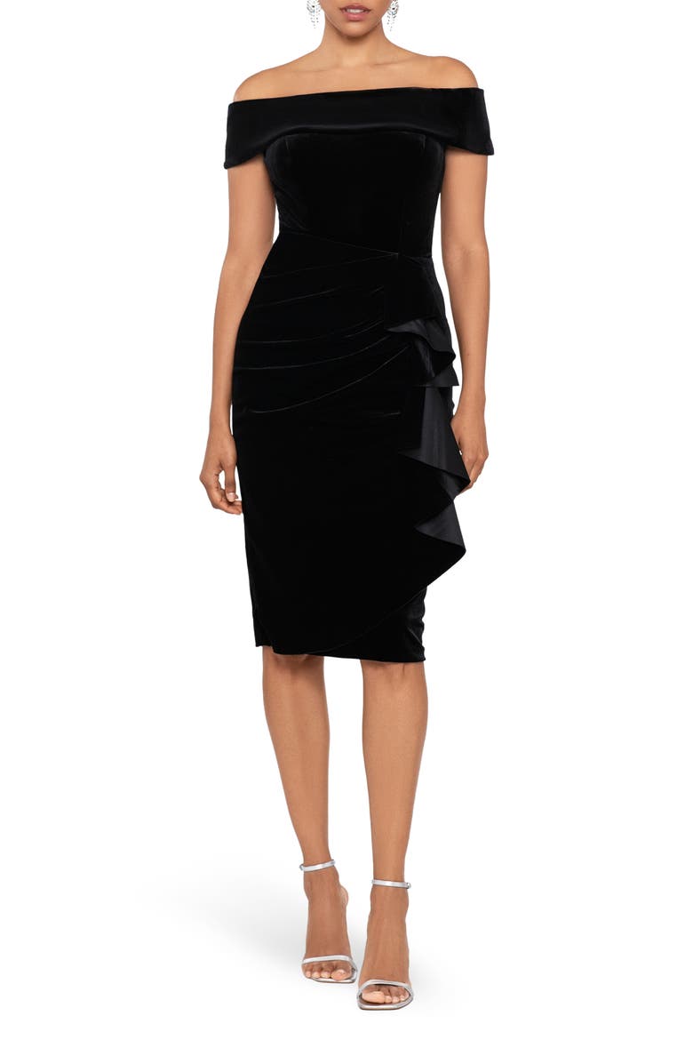 Ruffle Off the Shoulder Velvet Cocktail Dress, Main, color, BLACK