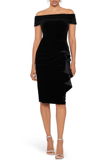 Xscape Evenings Ruffle Off The Shoulder Velvet Cocktail Dress In Black