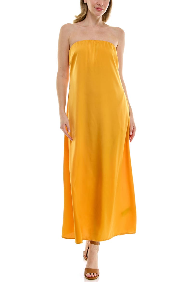 Satin Strapless Maxi Dress, Alternate, color, GOLD MUSTARD