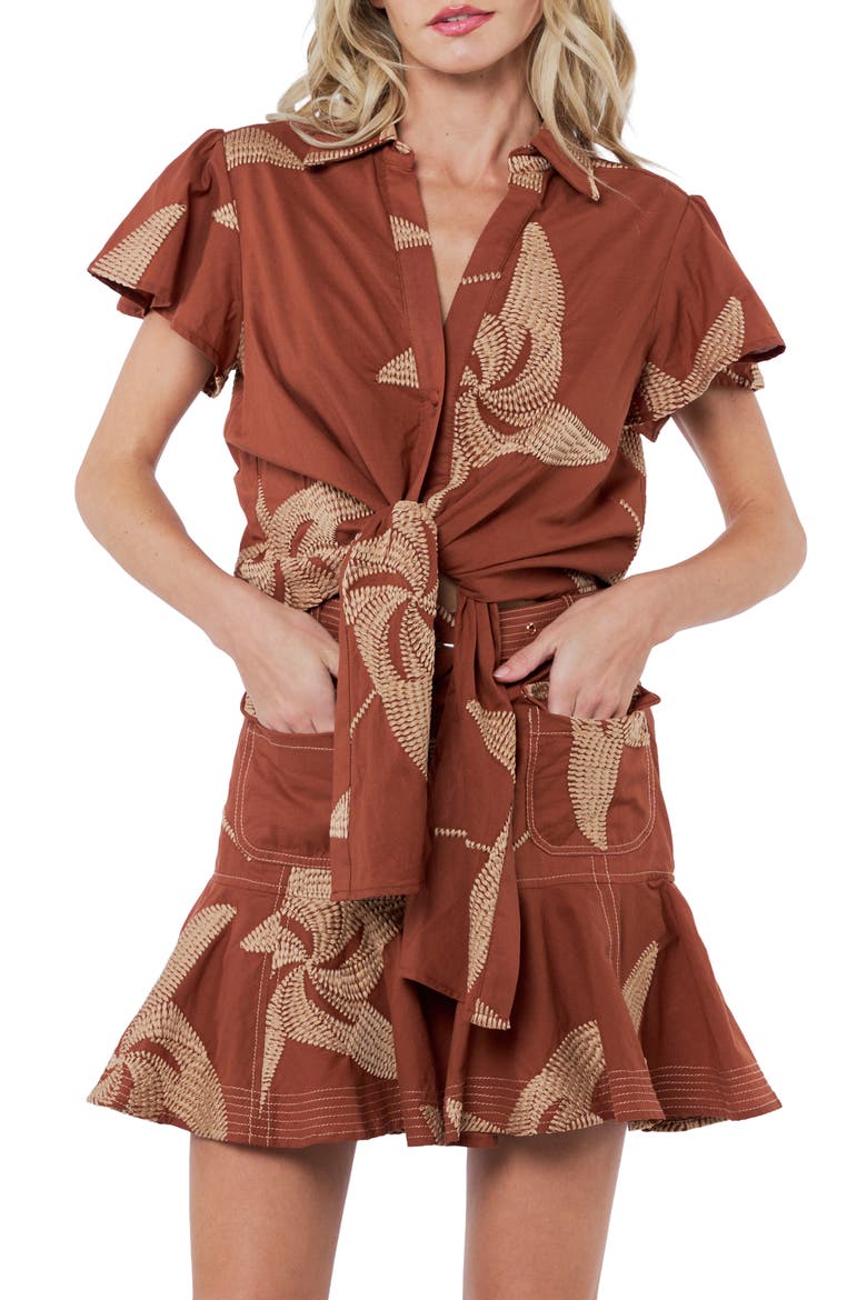 Sayla Embroidered Detail Cotton Miniskirt, Alternate, color, CARAMEL