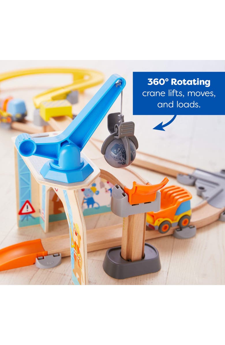 HABA Kullerbu Construction Zone Track Set with Dump Truck, Cement Mixer & Crane, Alternate, color, Multi