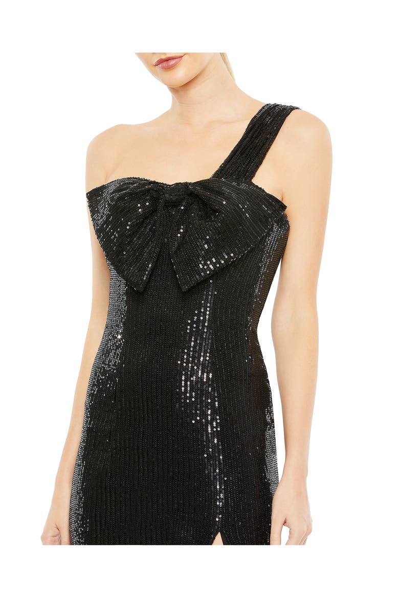 Sequined One Shoulder Front Bow Dress, Alternate, color, BLACK