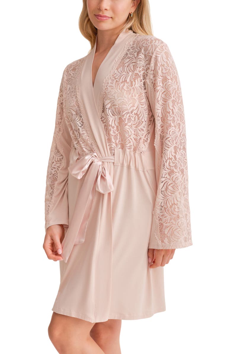 Fleur't Purely Yours Lace Trim Robe, Alternate, color, Champagne