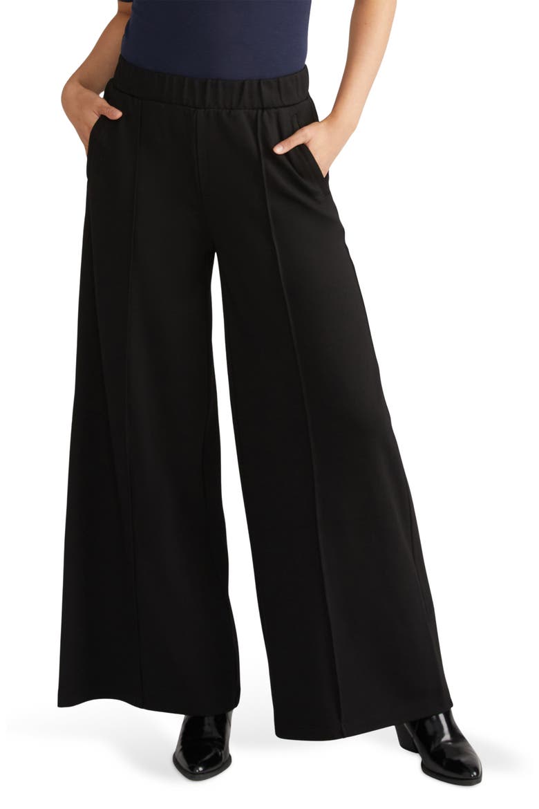 Pam Pintuck Ponte Wide Leg Pants, Main, color, BLACK