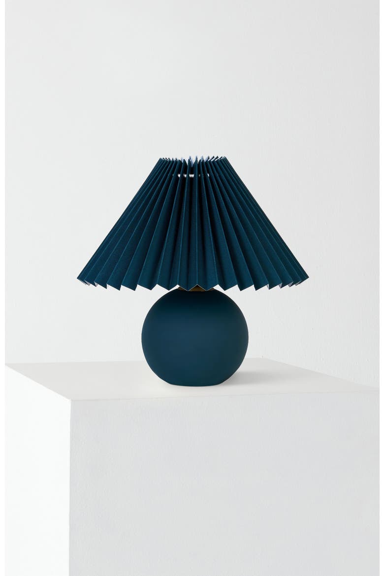 Serena 10" Ceramic LED Table Lamp with Retro Globe Base and Fabric Pleated Shade, Main, color, Teal