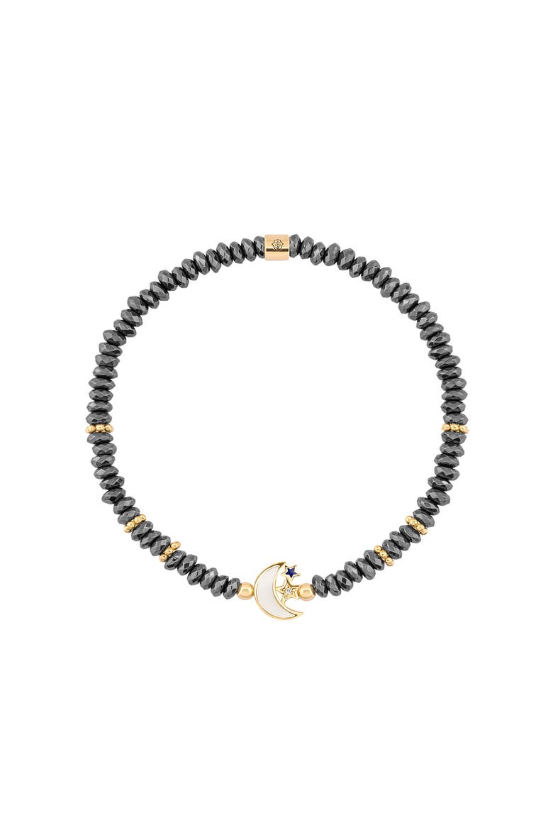 Hematite Moon and Star Charm Women's Beaded Bracelet - Lunar Sanctuary, Main, color, Grey/White