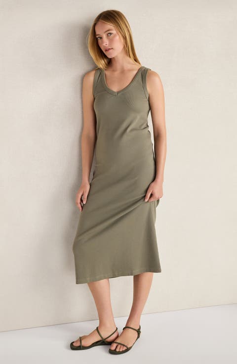 Organic Cotton Rib Knit V-neck Midi Dress