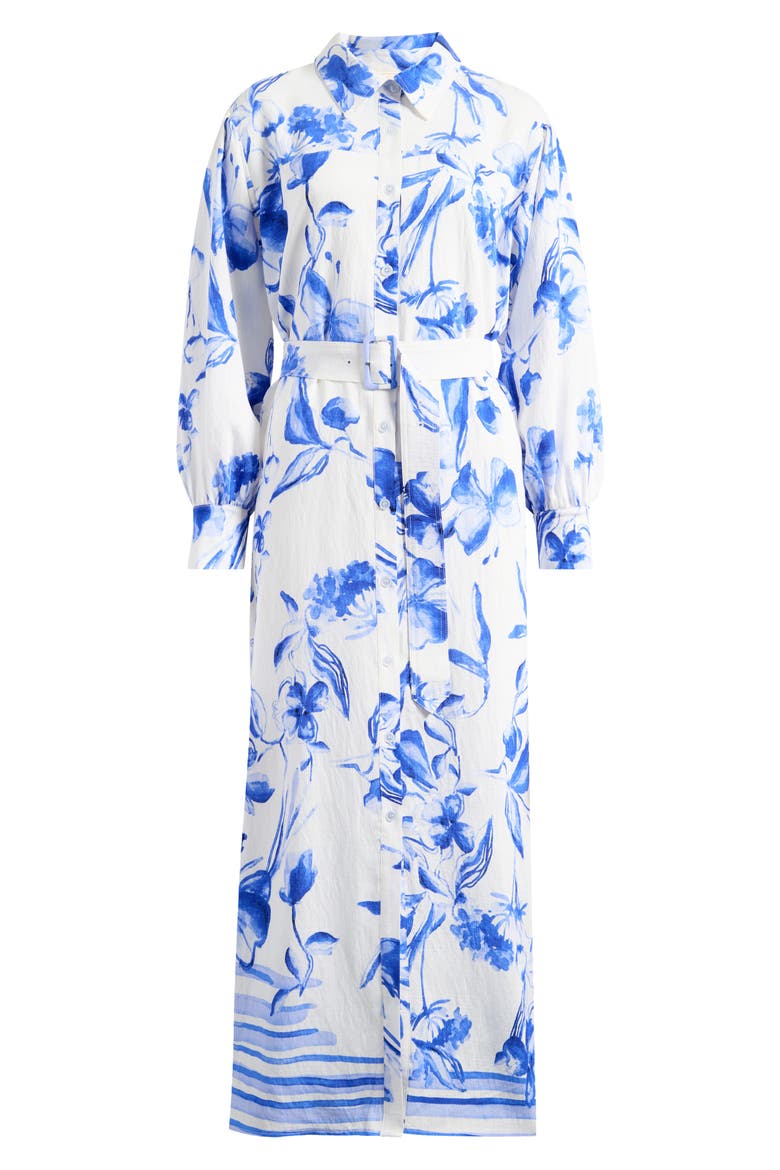 Floral Print Belted Long Sleeve Maxi Shirtdress, Alternate, color, WHITE/ BLUE PRINT