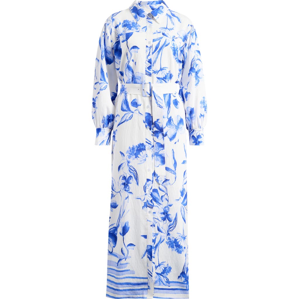 Melloday Floral Print Belted Long Sleeve Maxi Shirtdress In White/blue Print