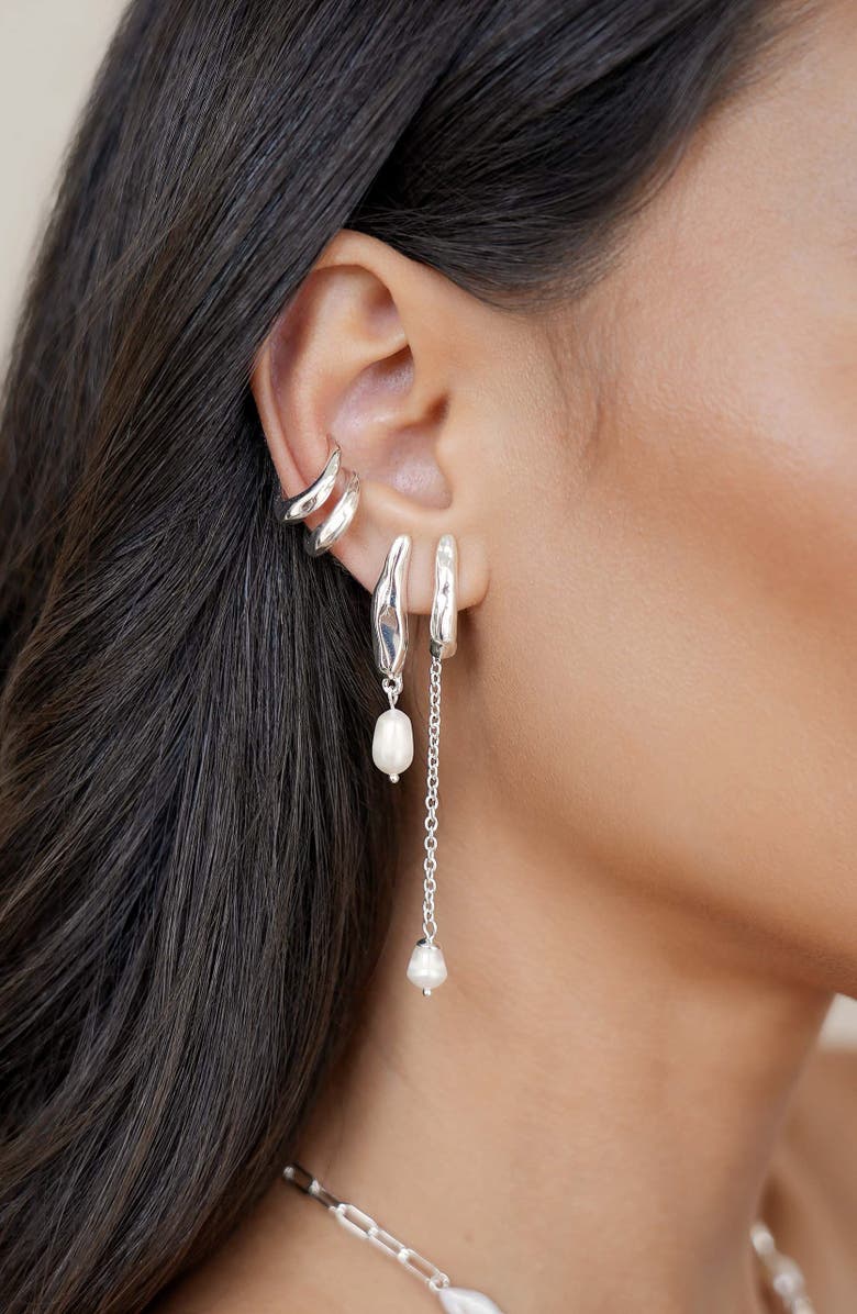 Ettika Linear Luxe Cultured Pearl Front/Back Earrings, Alternate, color, Silver