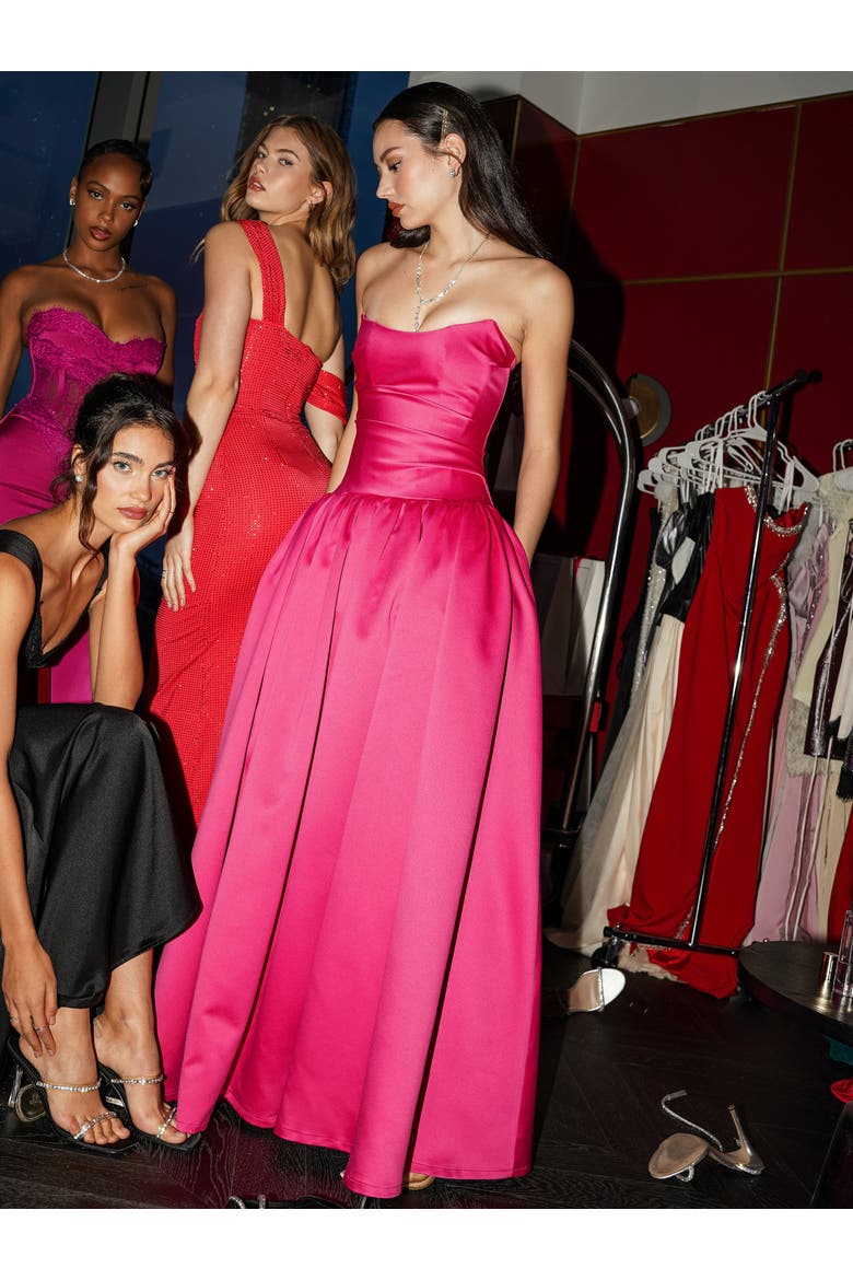 Walterina Satin Strapless Drop Waist Corset Gown, Alternate, color, Fuchsia