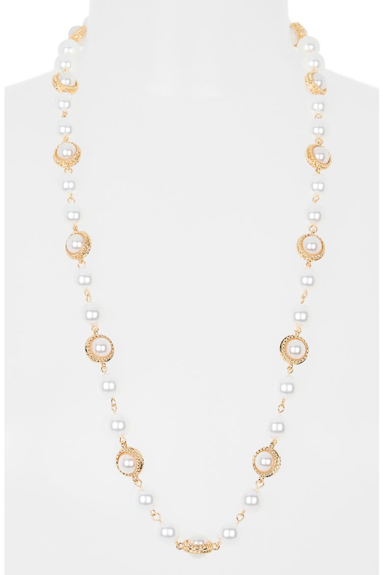 Faux Pearl Station Long Necklace, Alternate, color, WHITE- GOLD