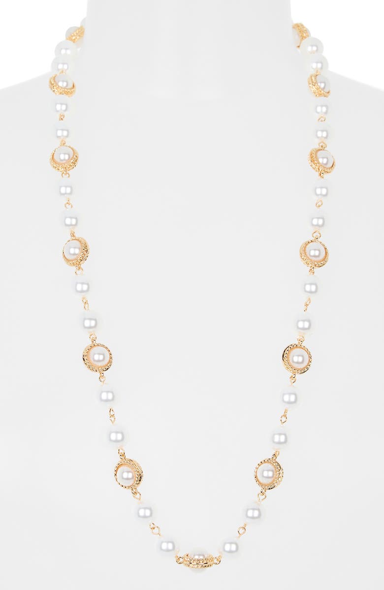 NORDSTROM RACK Faux Pearl Station Long Necklace, Alternate, color, White- Gold