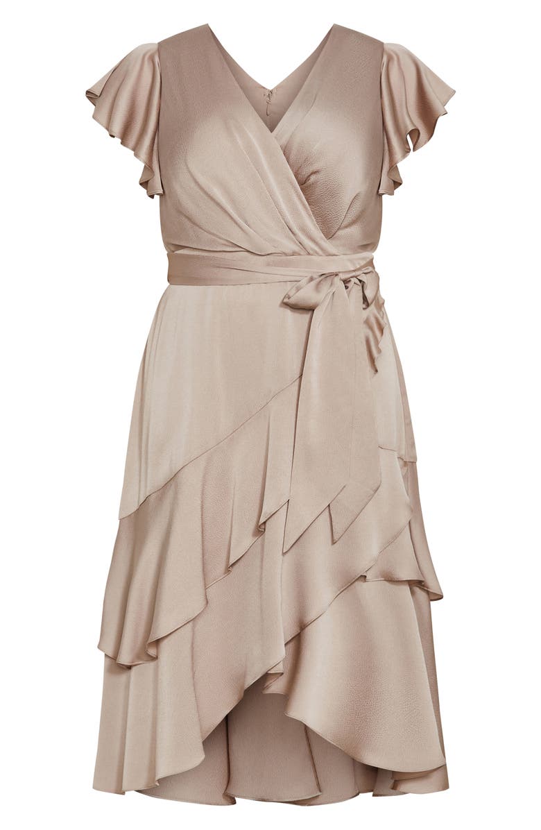 City Chic Jen Ruffle Faux Wrap Satin Dress, Alternate, color, Simply Taupe