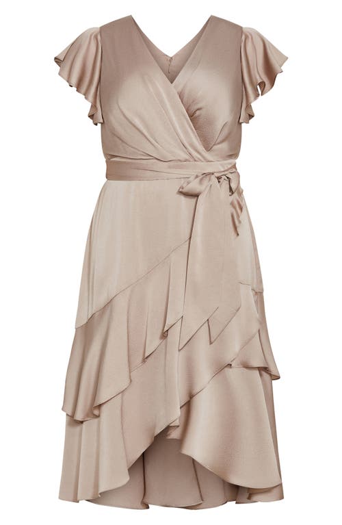 Shop City Chic Jen Ruffle Faux Wrap Satin Dress In Simply Taupe